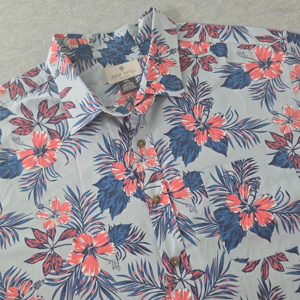 Oak Hill Mens 1XL Tropical Hibiscus Floral Button Down Shirt Blue Coral DXL Fit